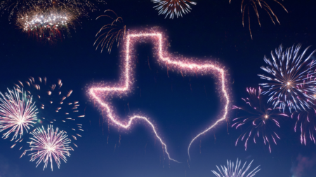 Image of fireworks display with texas outline in firework
